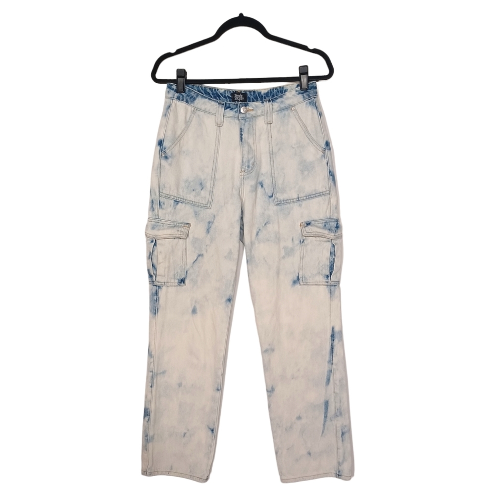 SIMPLE SOCIETY Acid Wash High Rise Bleached Baggy Cargo Jeans 7/28